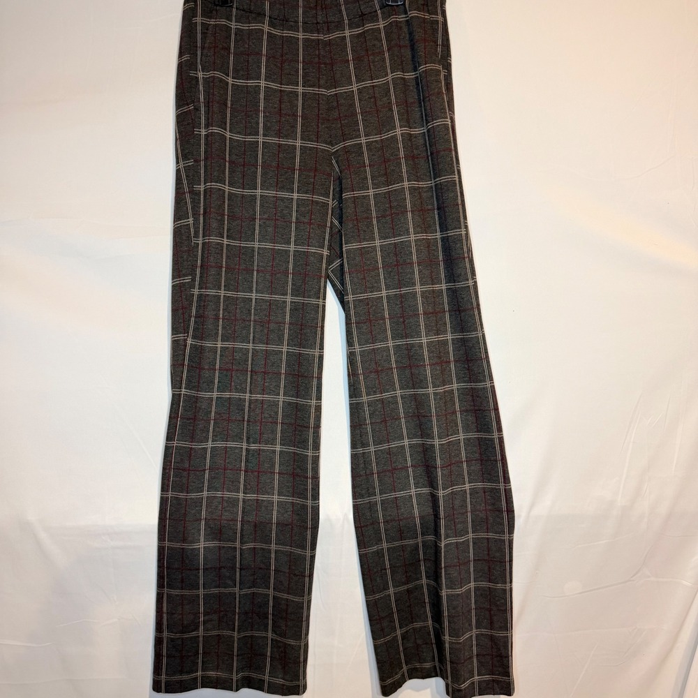 J. Jill Medium Tall Ponte Full Leg Plaid Pants Grey Burgundy Wide Leg Trousers